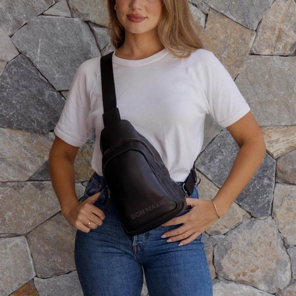 Multi-Wear Crossbody Sling Bag in full-grain pebbled leather -- Black