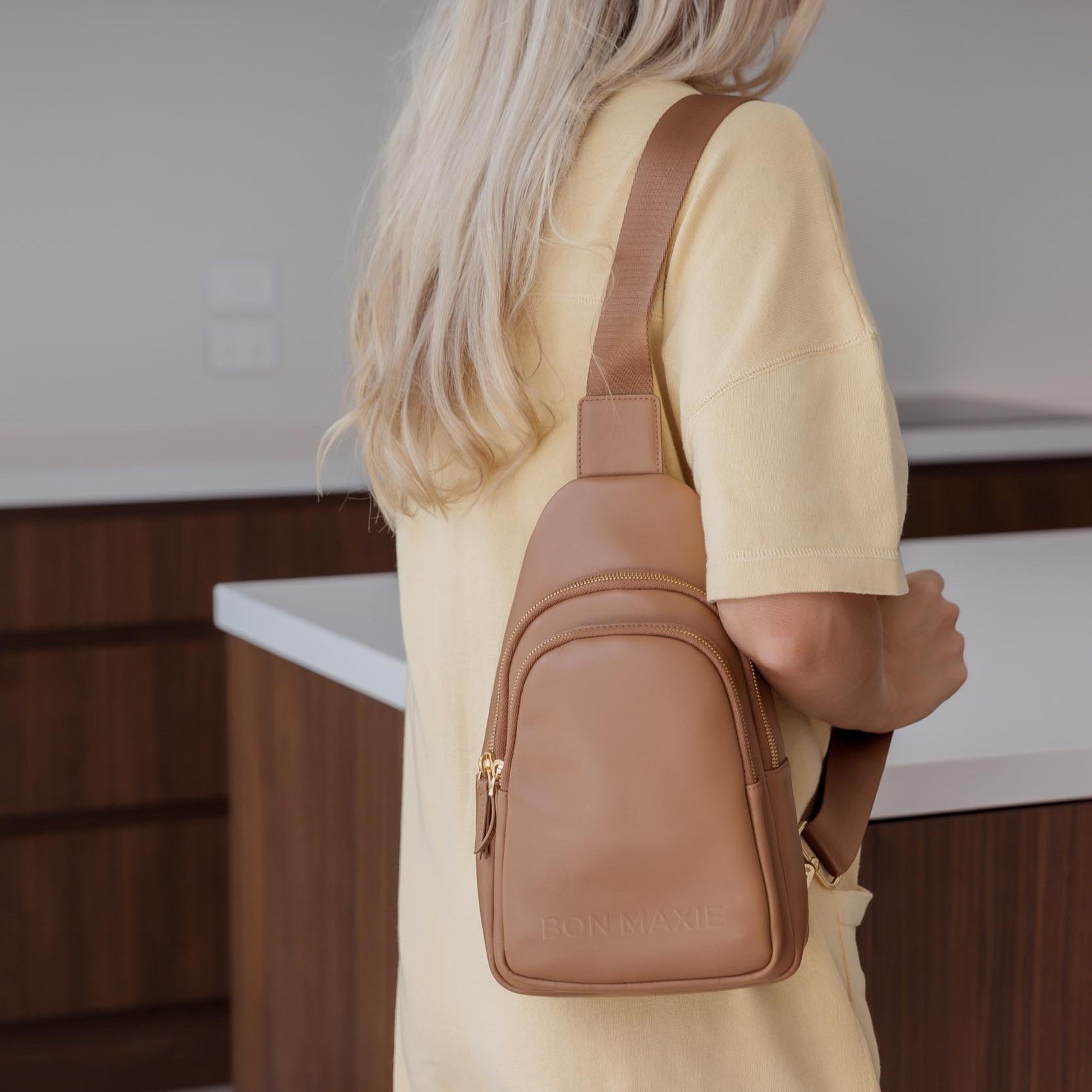 Multi-Wear Crossbody Sling Bag in full-grain pebbled leather -- Tan
