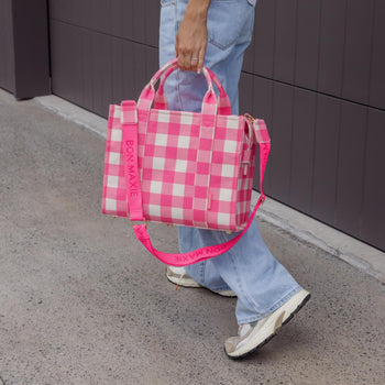 Small Structured Tote Bag in signature coated canvas -- Neon Pink Gingham