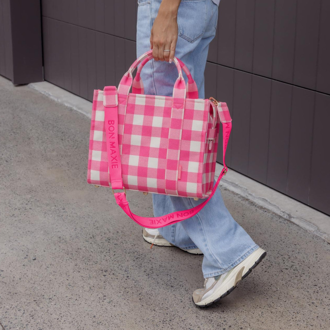 Small Structured Tote Bag in signature coated canvas -- Neon Pink Gingham