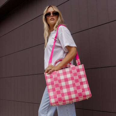 Small Structured Tote Bag in signature coated canvas -- Neon Pink Gingham