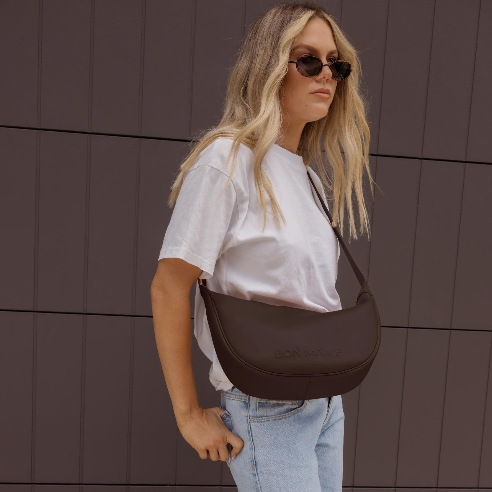 Slouchy Crescent Crossbody Bag in smooth nappa leather -- Dark Chocolate