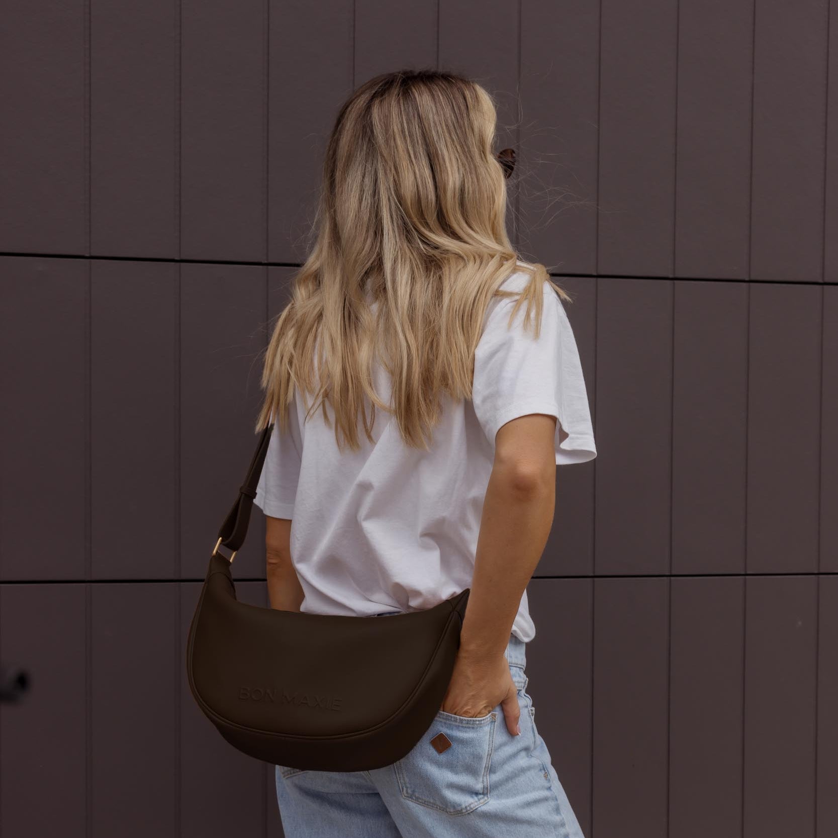 Slouchy Crescent Crossbody Bag in smooth nappa leather -- Dark Chocolate