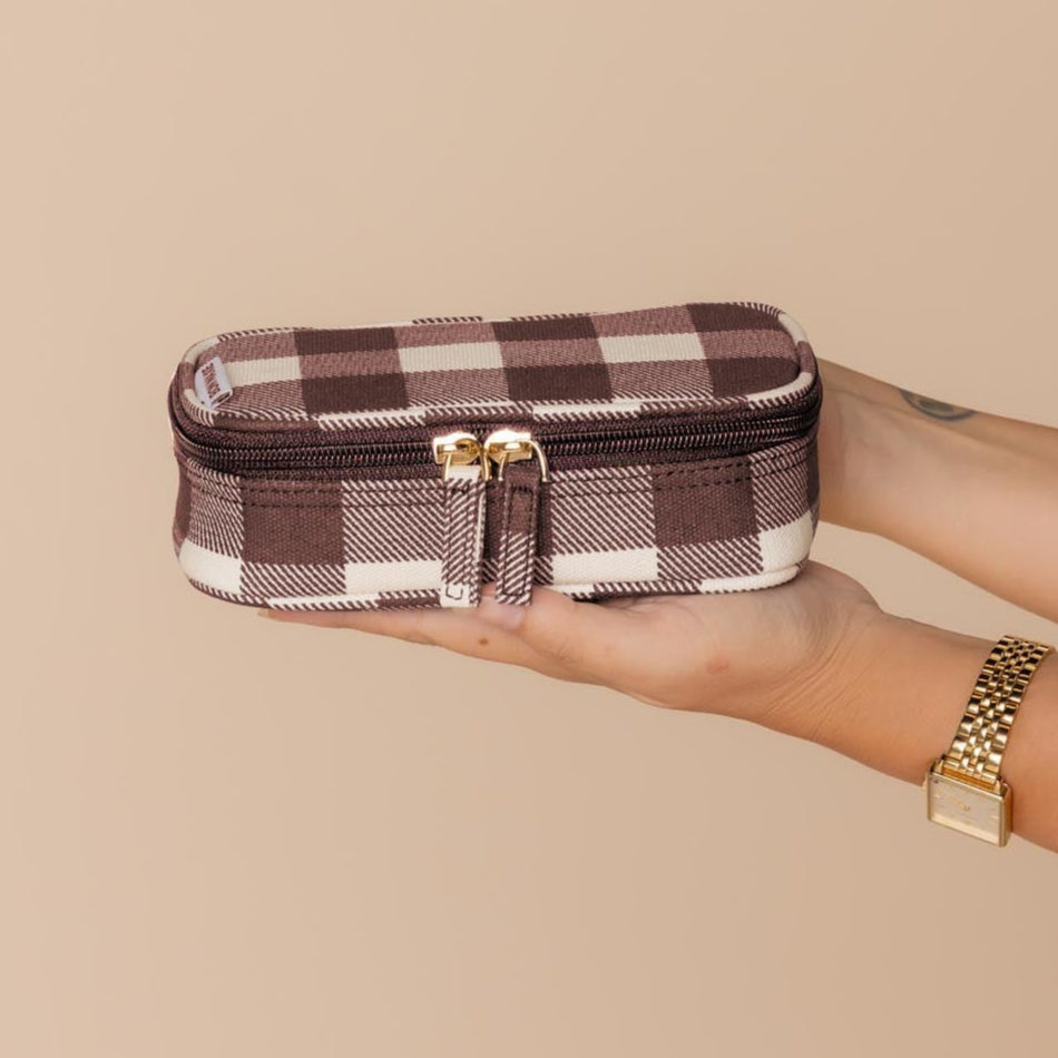 Handy Handle Case in signature coated canvas -- Chocolate Gingham