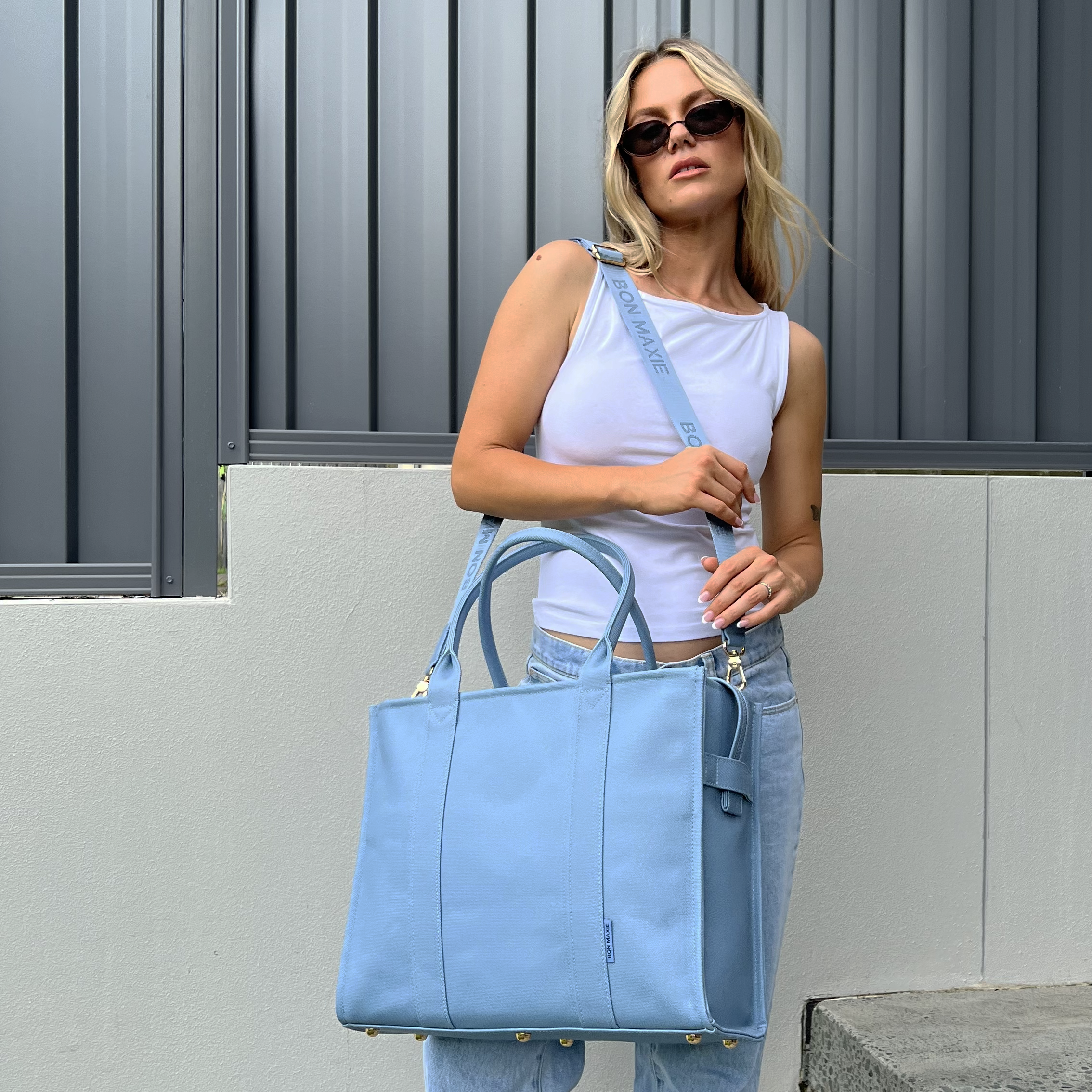Large Structured Tote Bag in signature coated canvas -- Denim Blue