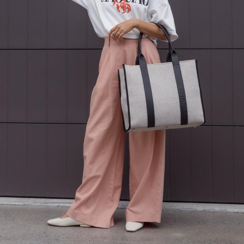 Large Bon Vivant Structured Tote Bag - Jute Canvas Black Leather Tote Bag