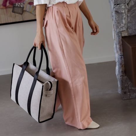 Large Bon Vivant Structured Tote Bag - Jute Canvas Black Leather Tote Bag