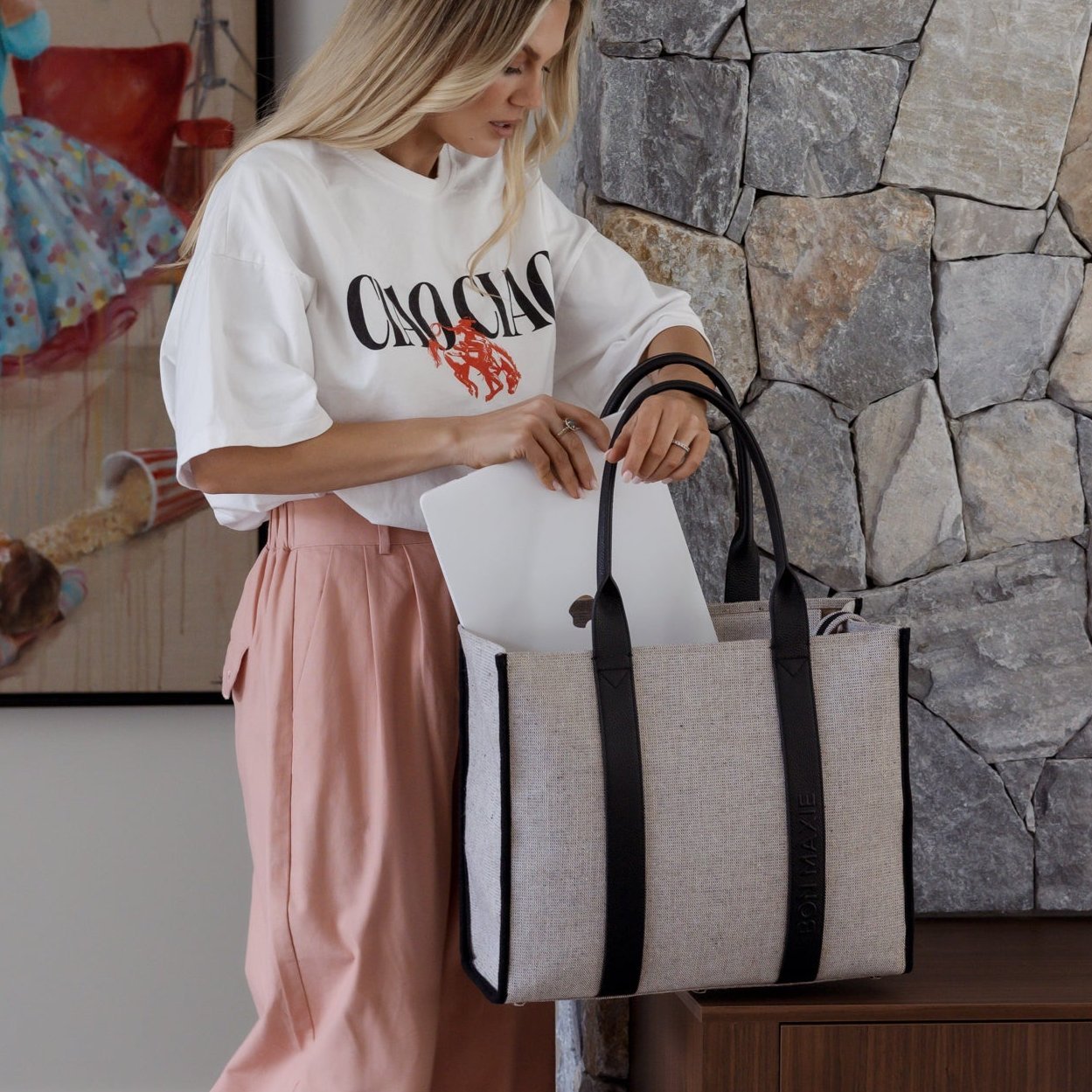 Large Bon Vivant Structured Tote Bag - Jute Canvas Black Leather Tote Bag