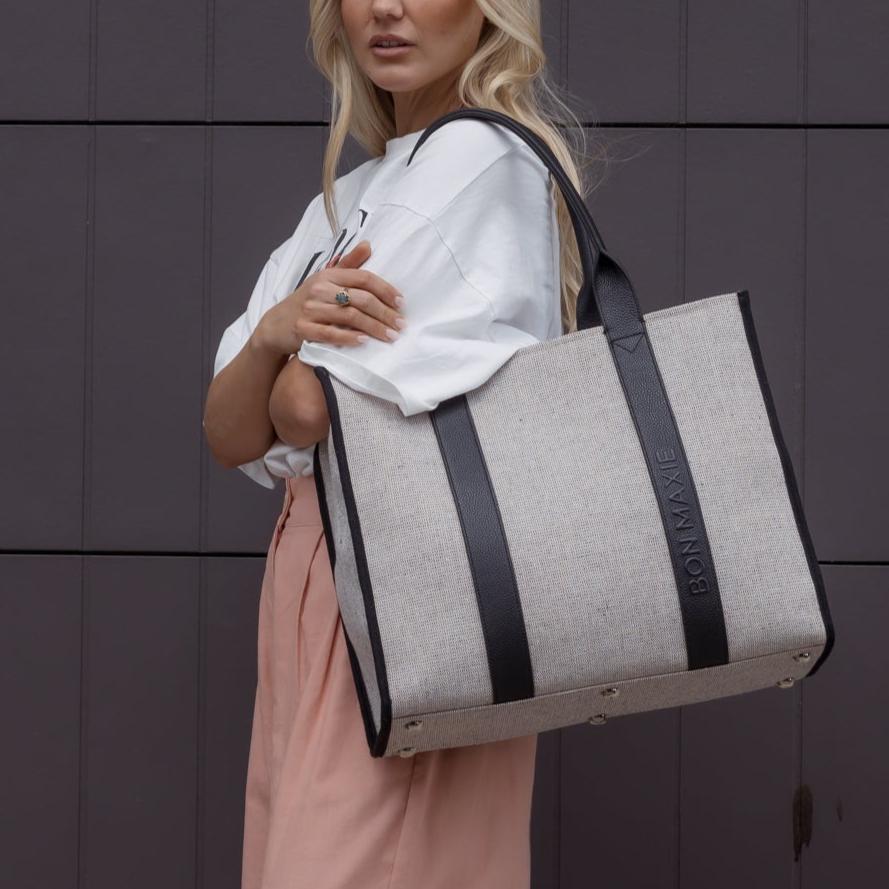 Large Bon Vivant Structured Tote Bag - Jute Canvas Black Leather Tote Bag