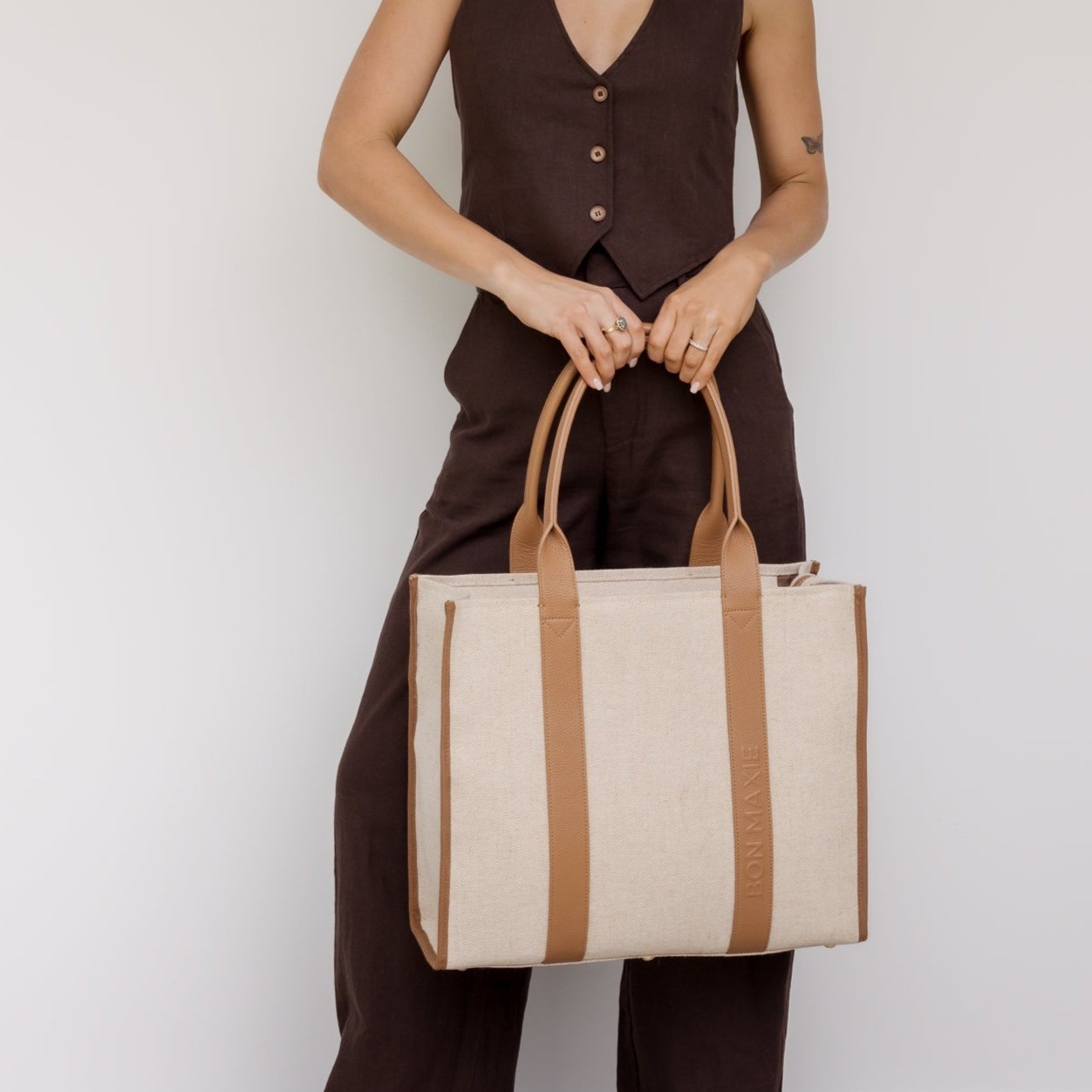 Large Bon Vivant Structured Tote Bag - Jute Canvas Tan Leather Tote Bag
