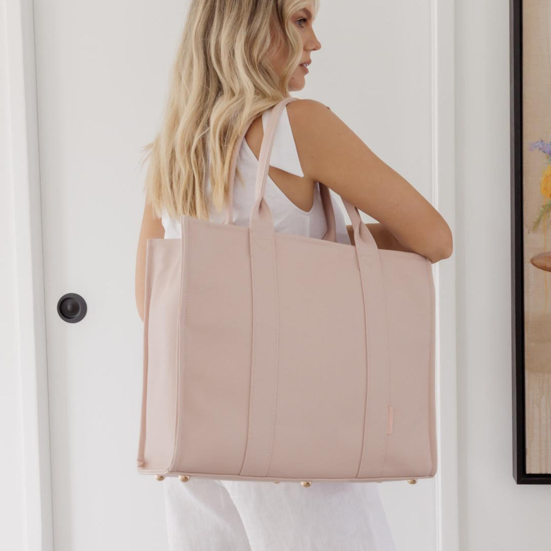 Large Structured Tote Bag in signature coated canvas -- Milk Tea