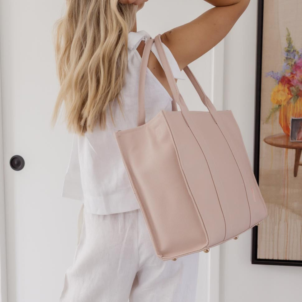 Large Structured Tote Bag in signature coated canvas -- Milk Tea