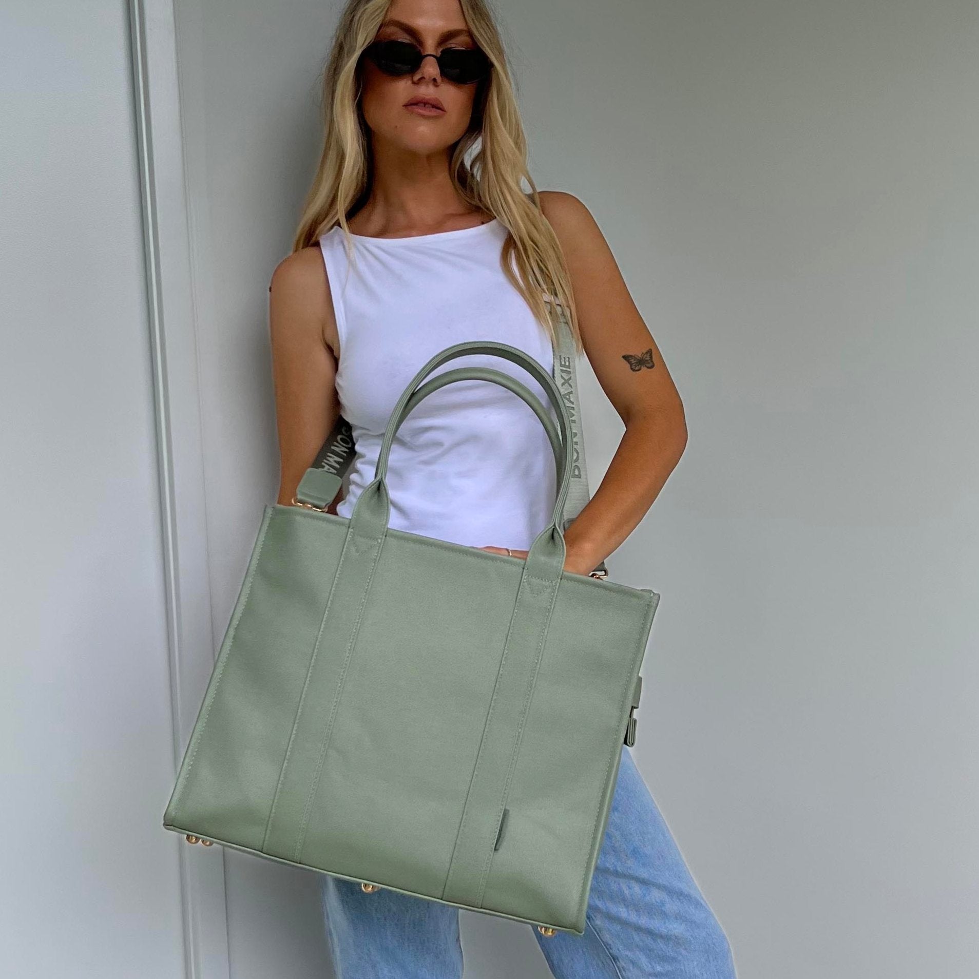 Large Structured Tote Bag in signature coated canvas -- Sage