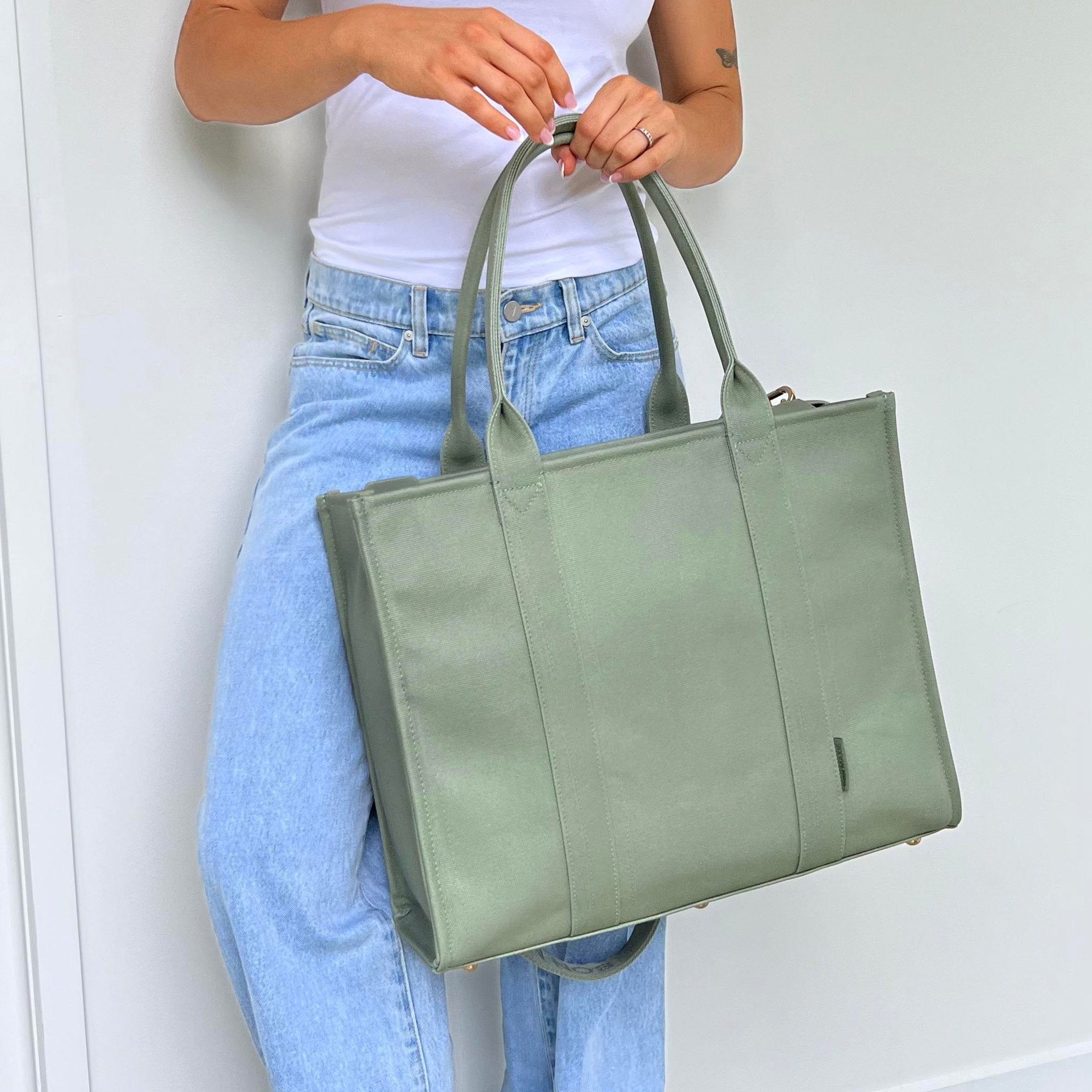 Large Structured Tote Bag in signature coated canvas -- Sage