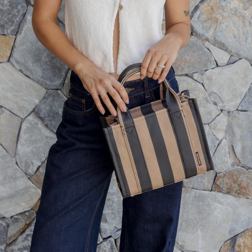Micro Bon Vivant Structured Tote Bag - Black/Tan Stripe Tote Bag