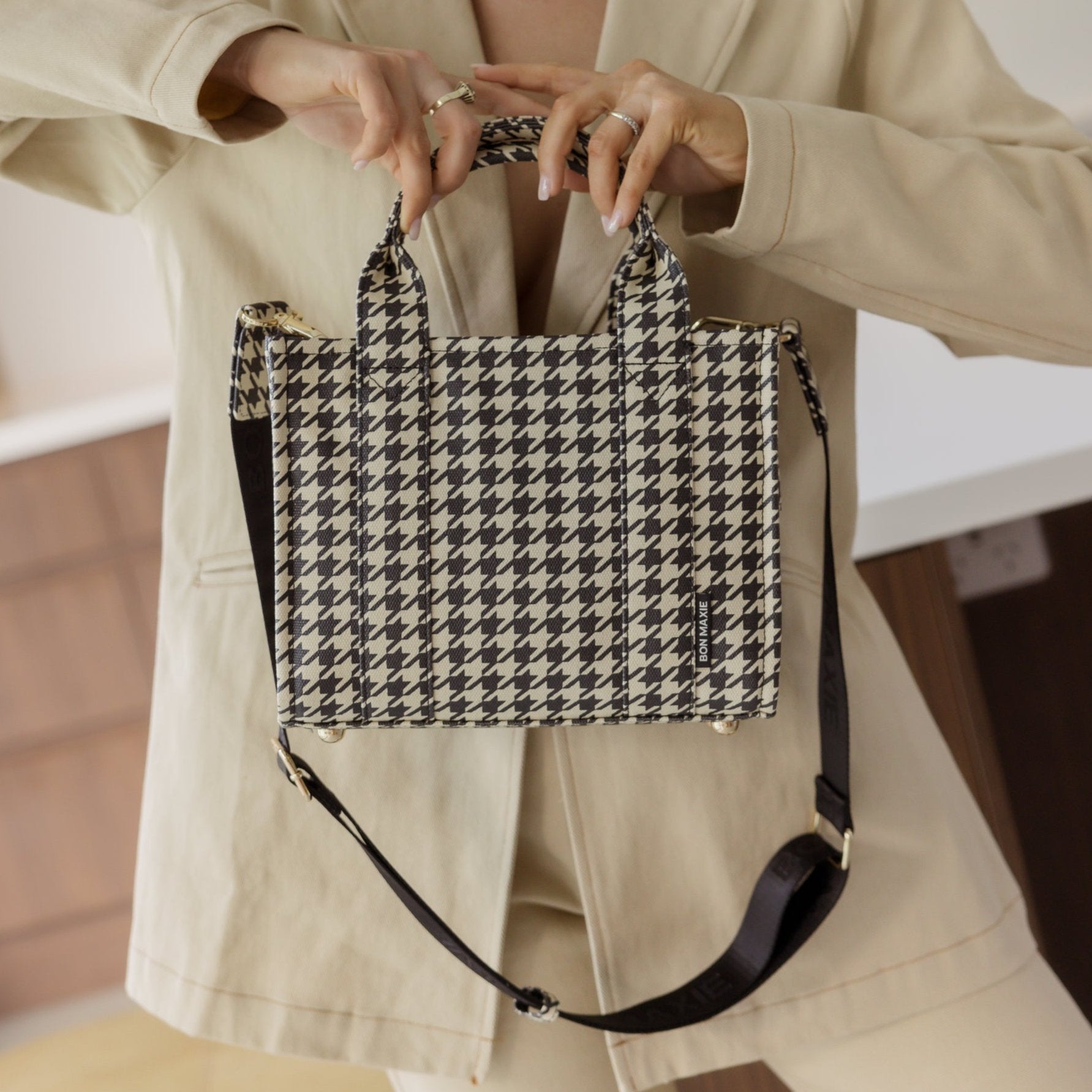 Micro Bon Vivant Structured Tote Bag - Black Houndstooth Tote Bag