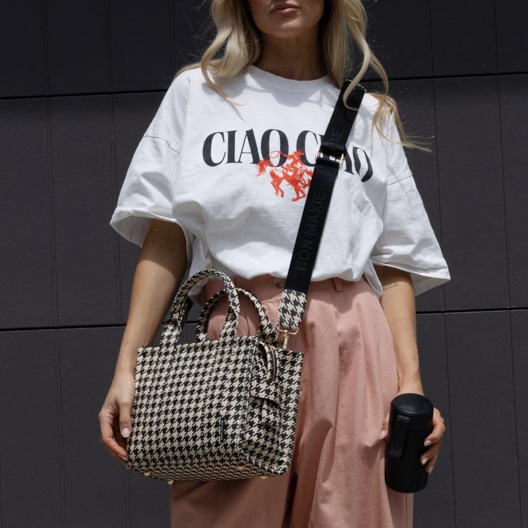 Micro Bon Vivant Structured Tote Bag - Black Houndstooth Tote Bag