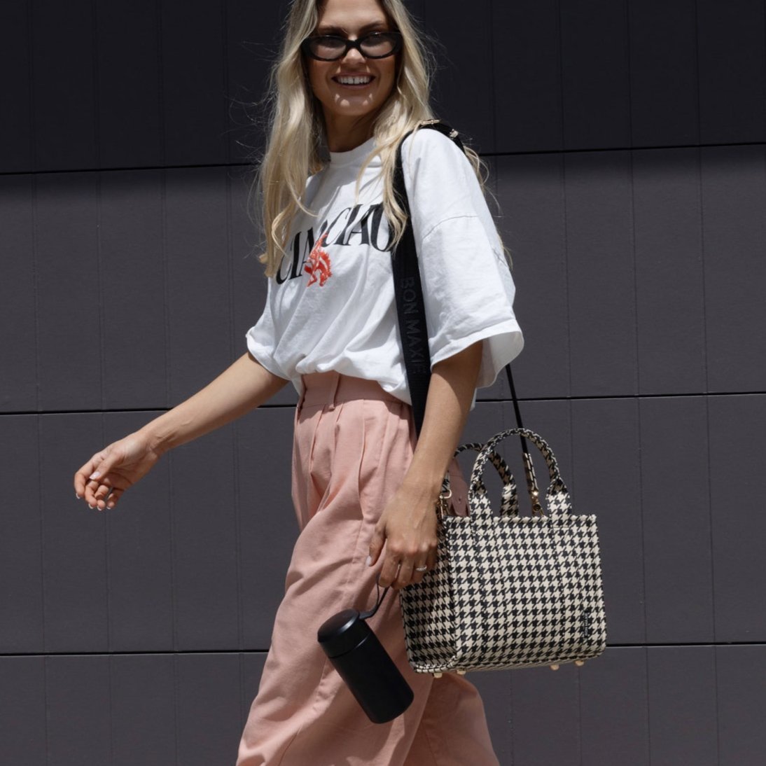 Micro Bon Vivant Structured Tote Bag - Black Houndstooth Tote Bag
