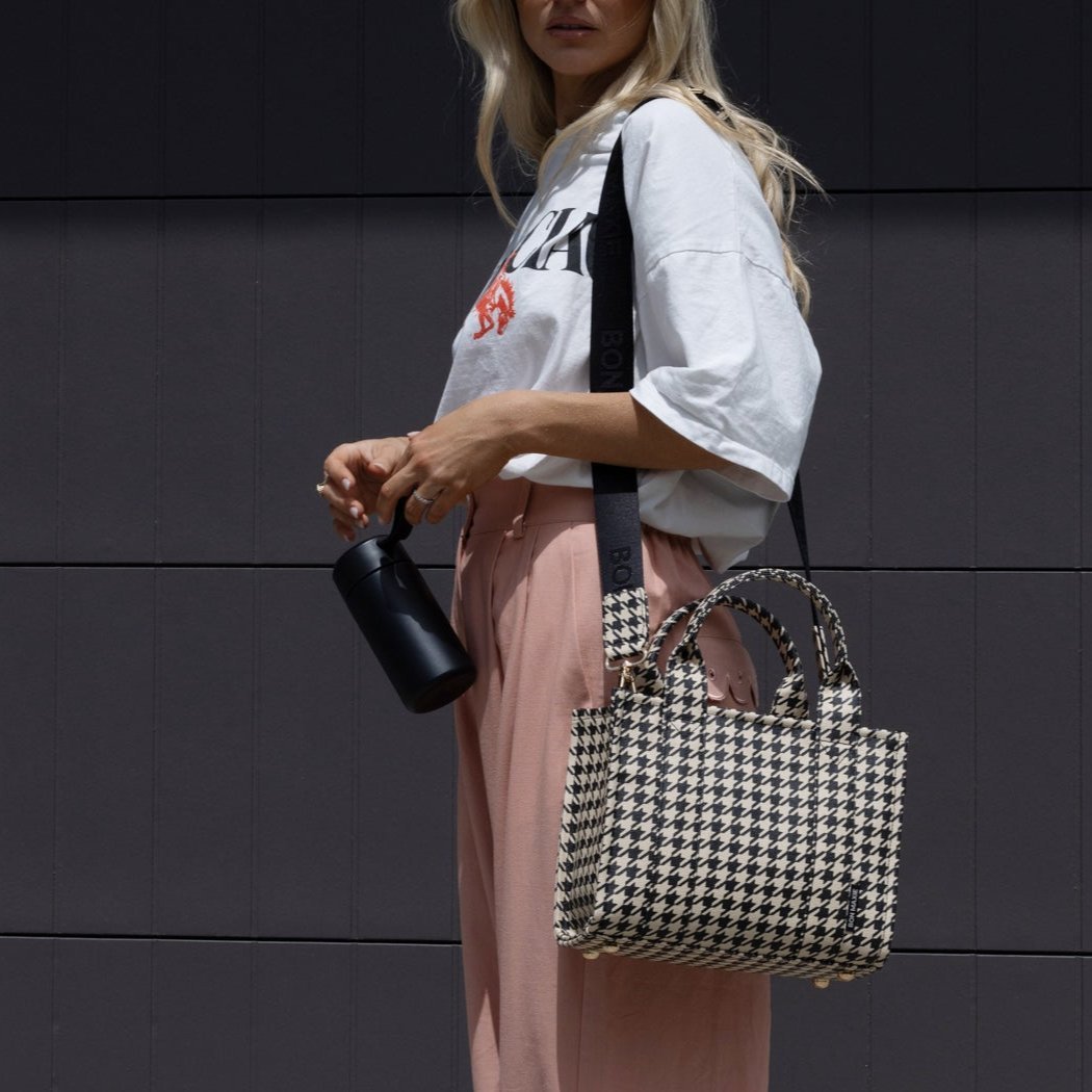 Micro Bon Vivant Structured Tote Bag - Black Houndstooth Tote Bag