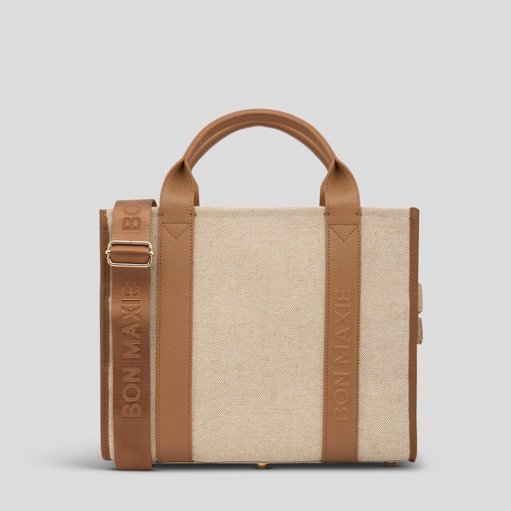 Mini Bon Vivant Tote Bag in Jute Canvas Tan Leather Mini Carry All Bon Maxie BON MAXIE