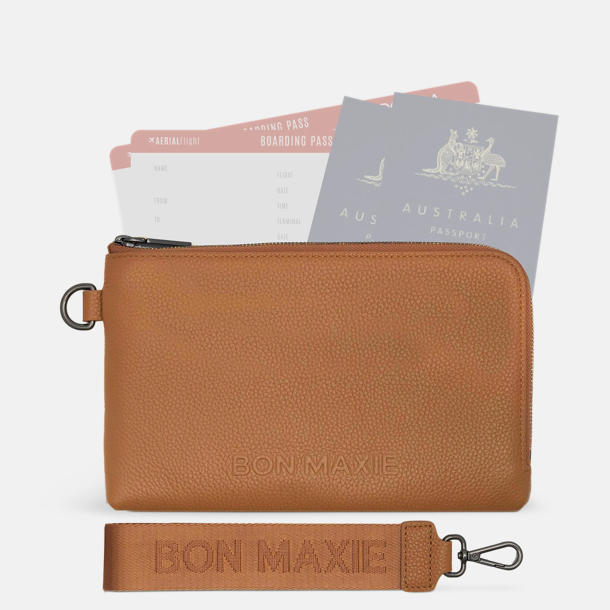 Multi-Pocket Travel Wallet in pebbled leather -- Tan