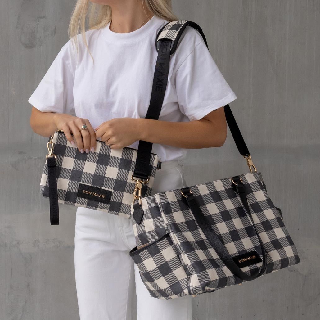Carryall Tote + Pouch - Black Gingham Bags Gold