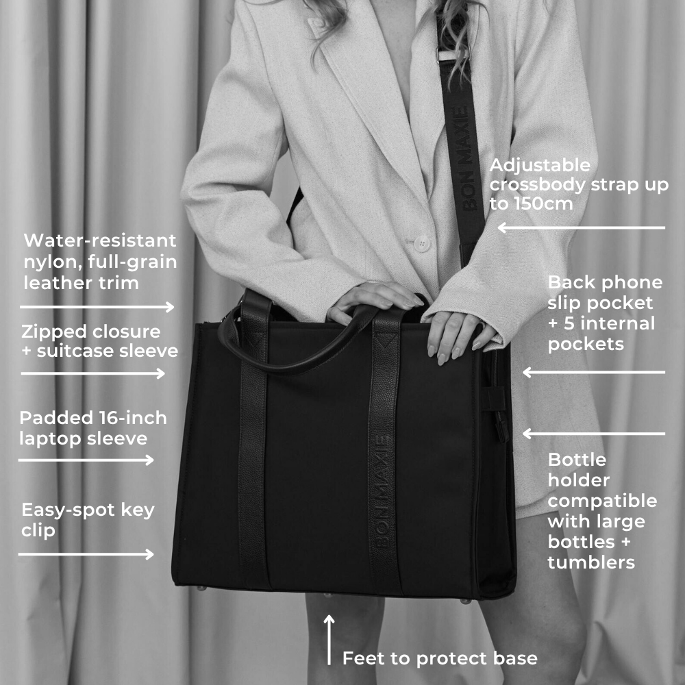 Large Structured Tote Bag in nylon with leather -- Black (Leather/Nylon)