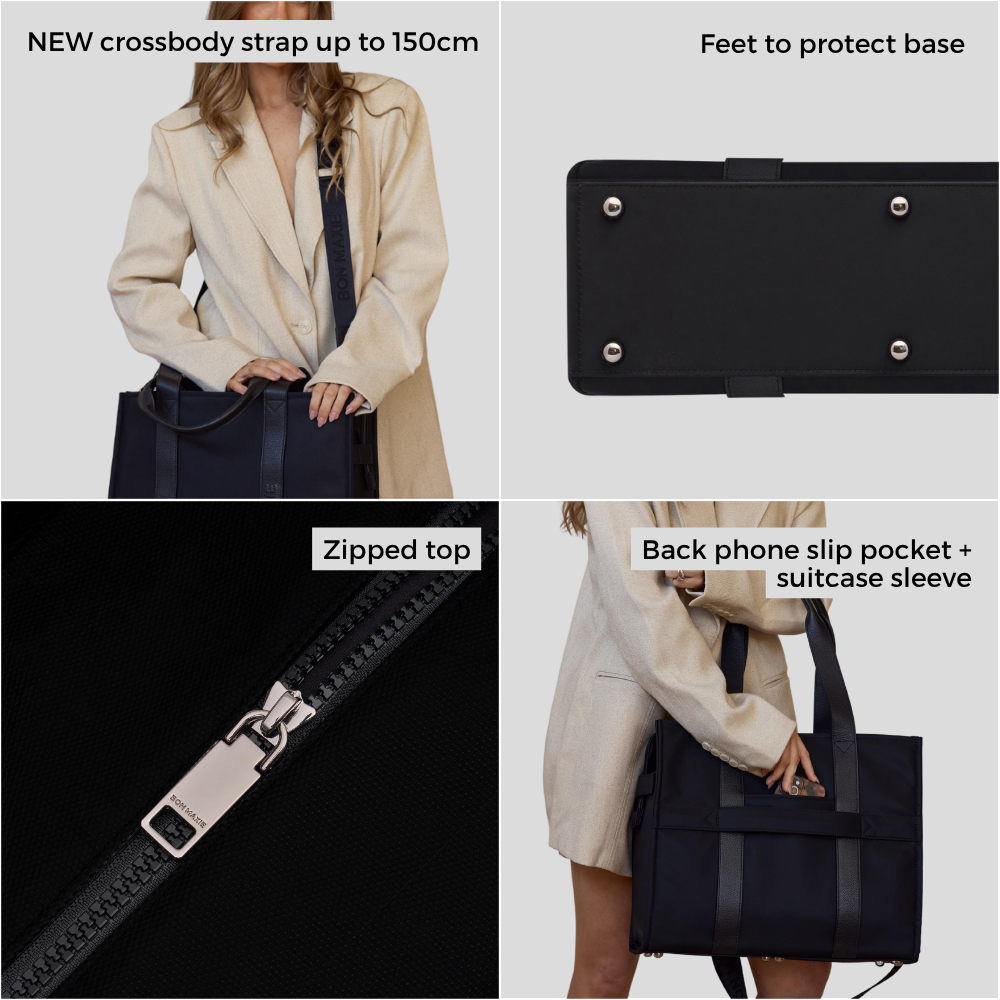 Large Structured Tote Bag in nylon with leather -- Black (Leather/Nylon)