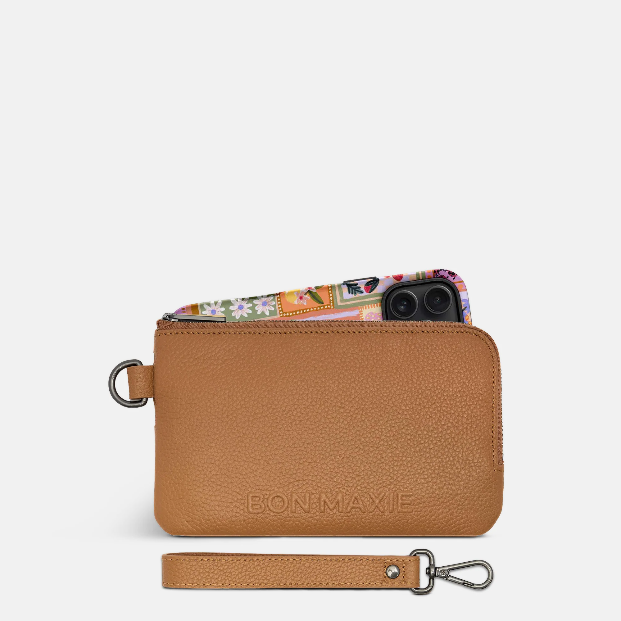 Phone Wallet Pouch in pebbled leather -- Tan