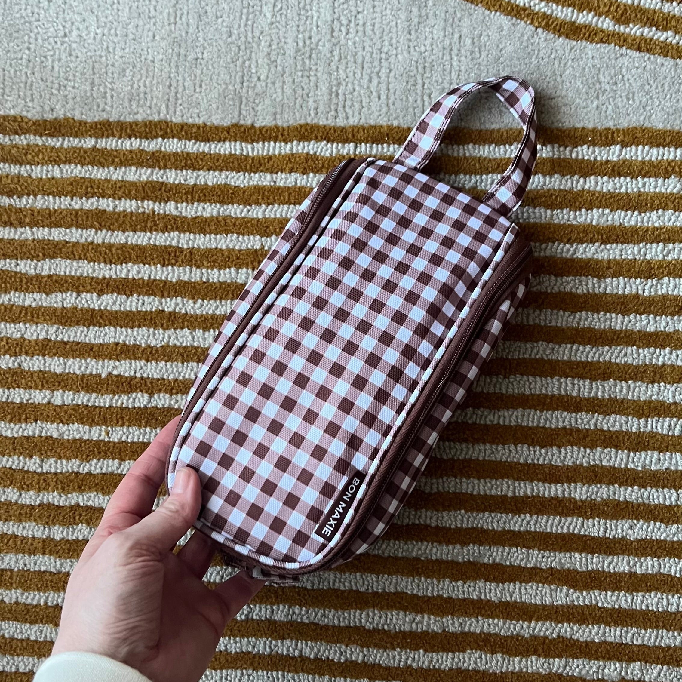 Slimline Washable Hanging Toiletry Bag -- Choc Gingham