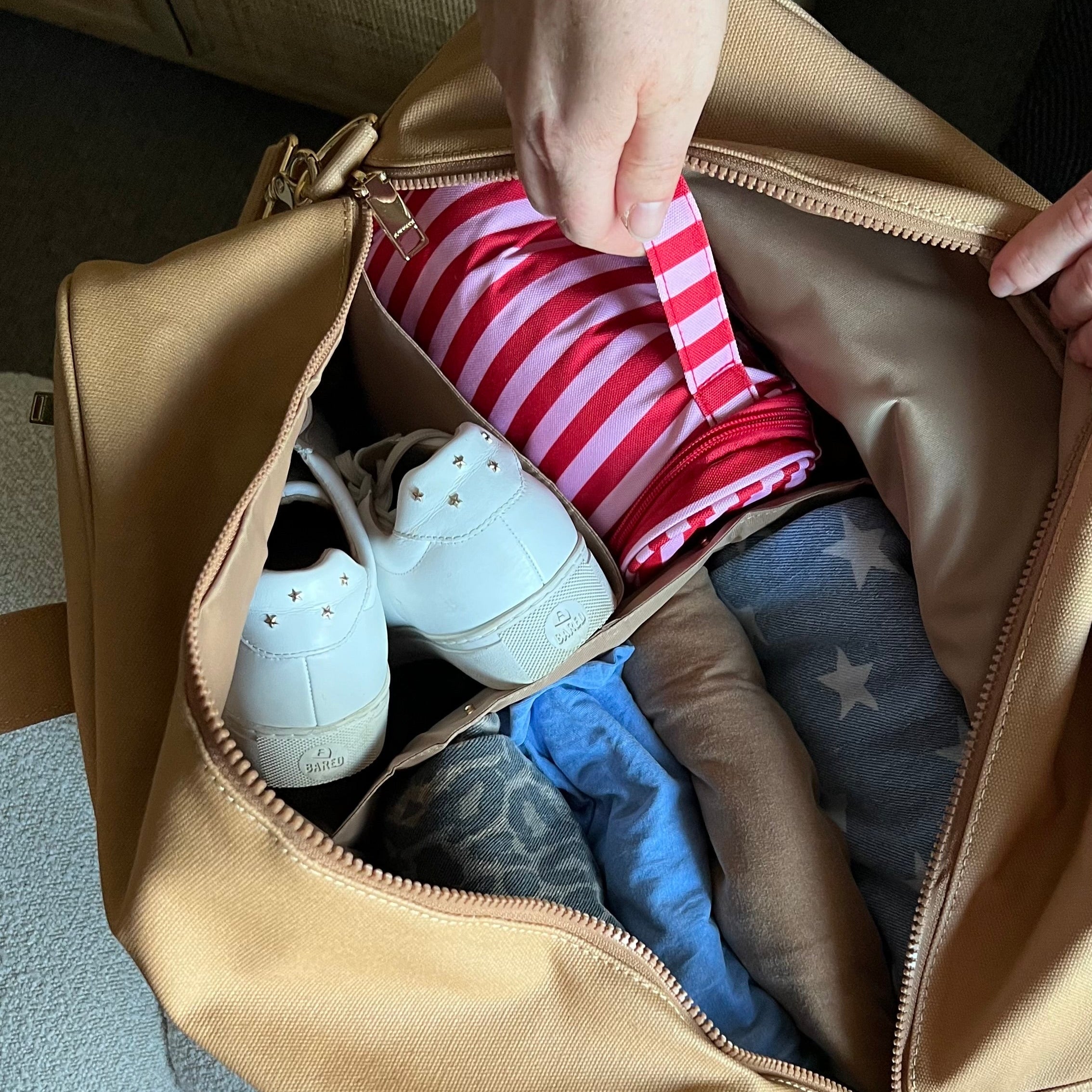 Bon Voyage Weekender Bag in signature coated canvas + leather -- Tan