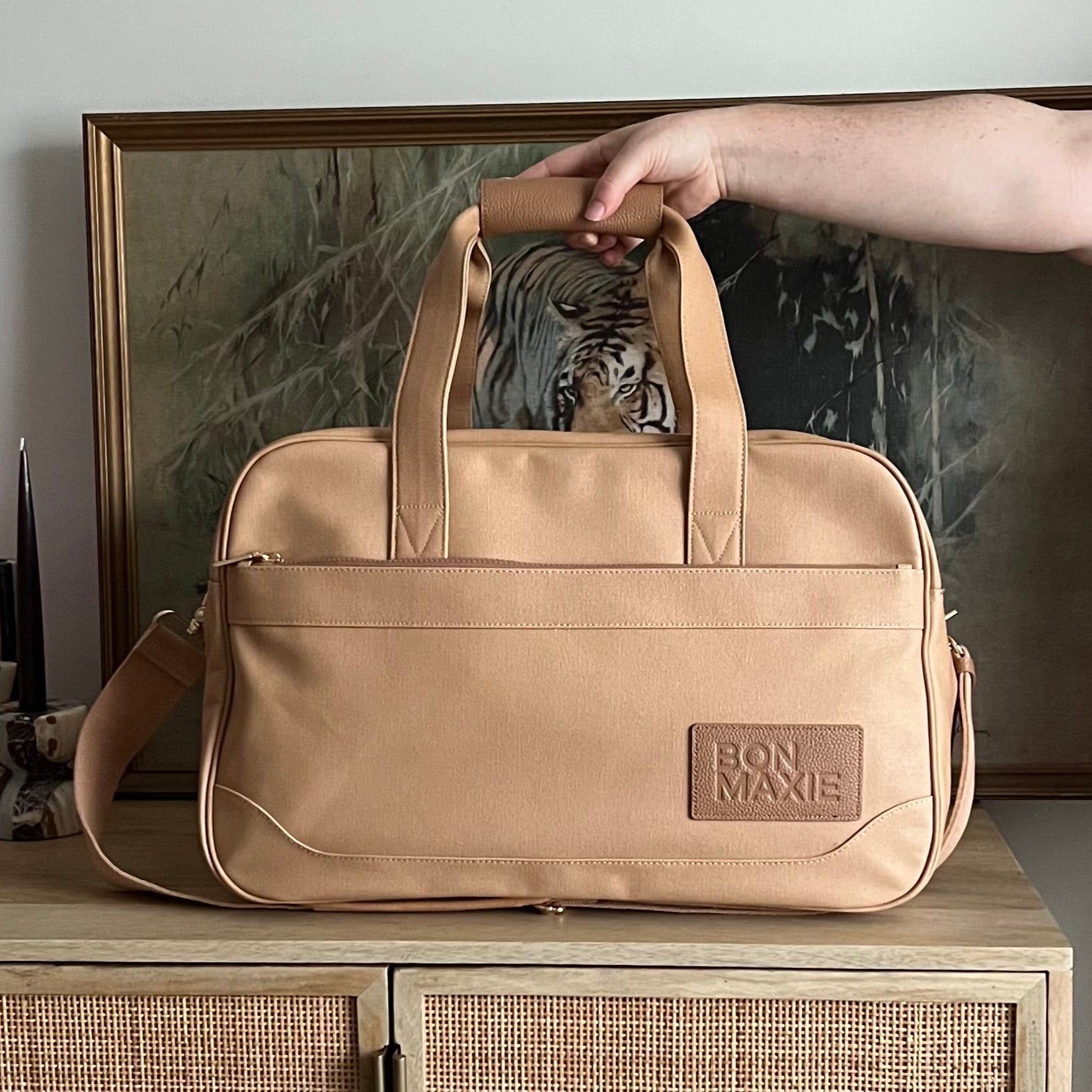 Bon Voyage Weekender Bag in signature coated canvas + leather -- Tan