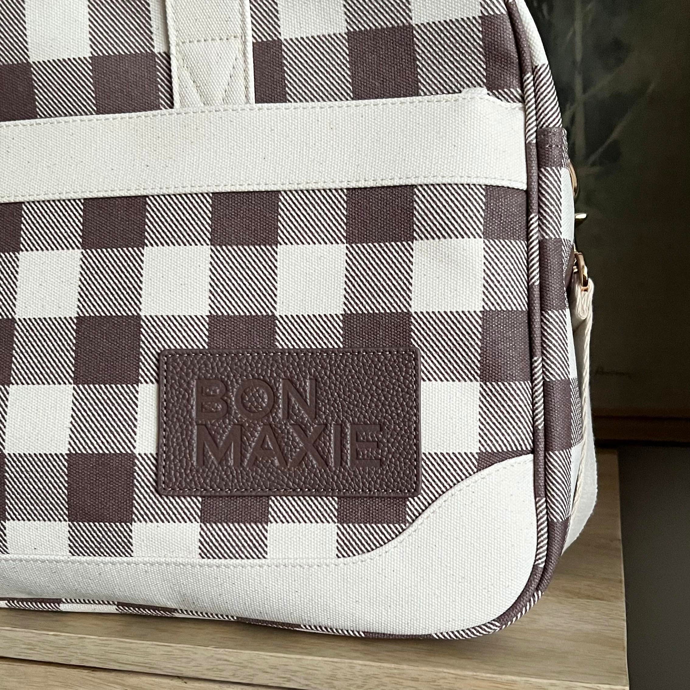 Bon Voyage Weekender Bag in signature coated canvas + leather -- Chocolate Gingham