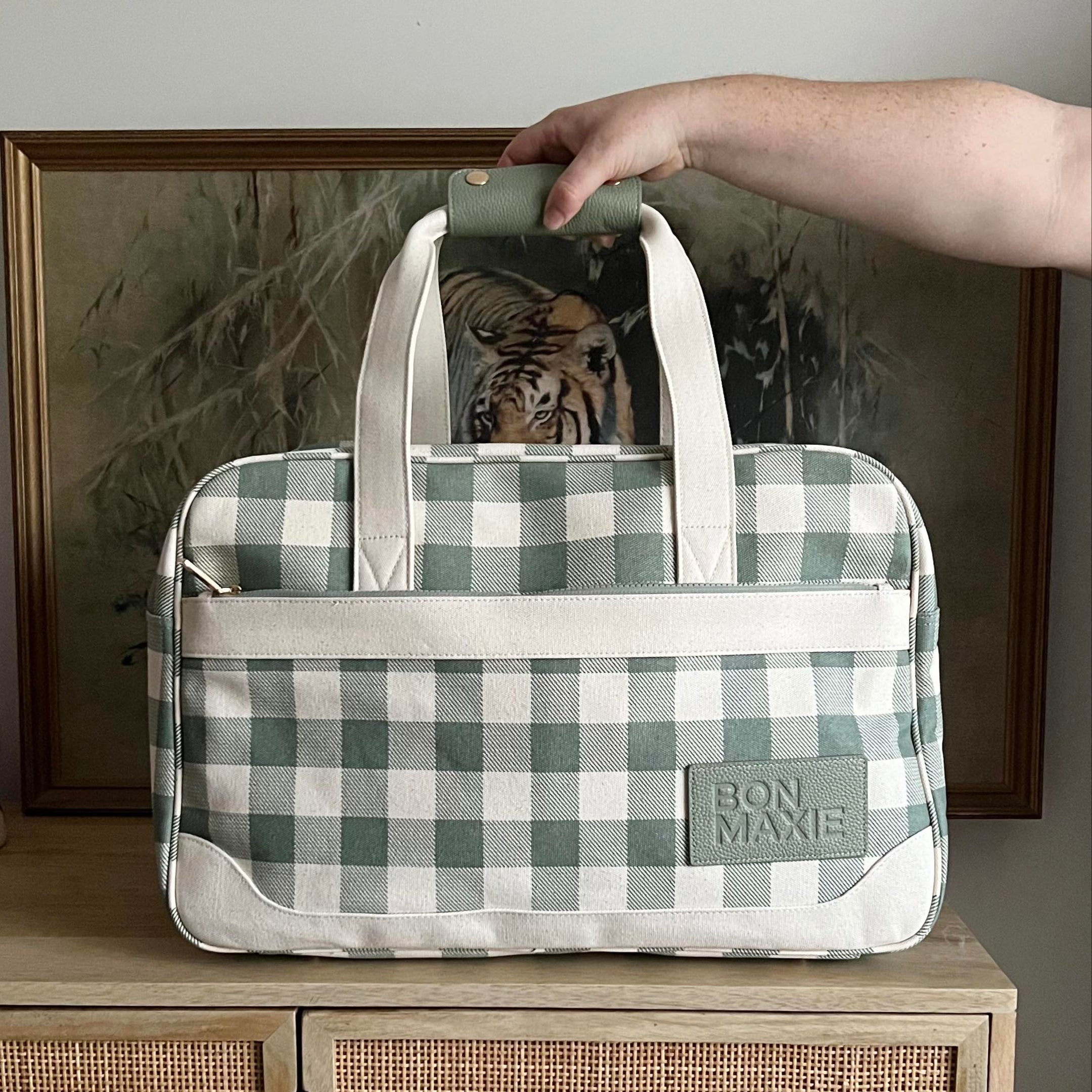 Bon Voyage Weekender Bag in signature coated canvas + leather -- Sage Gingham
