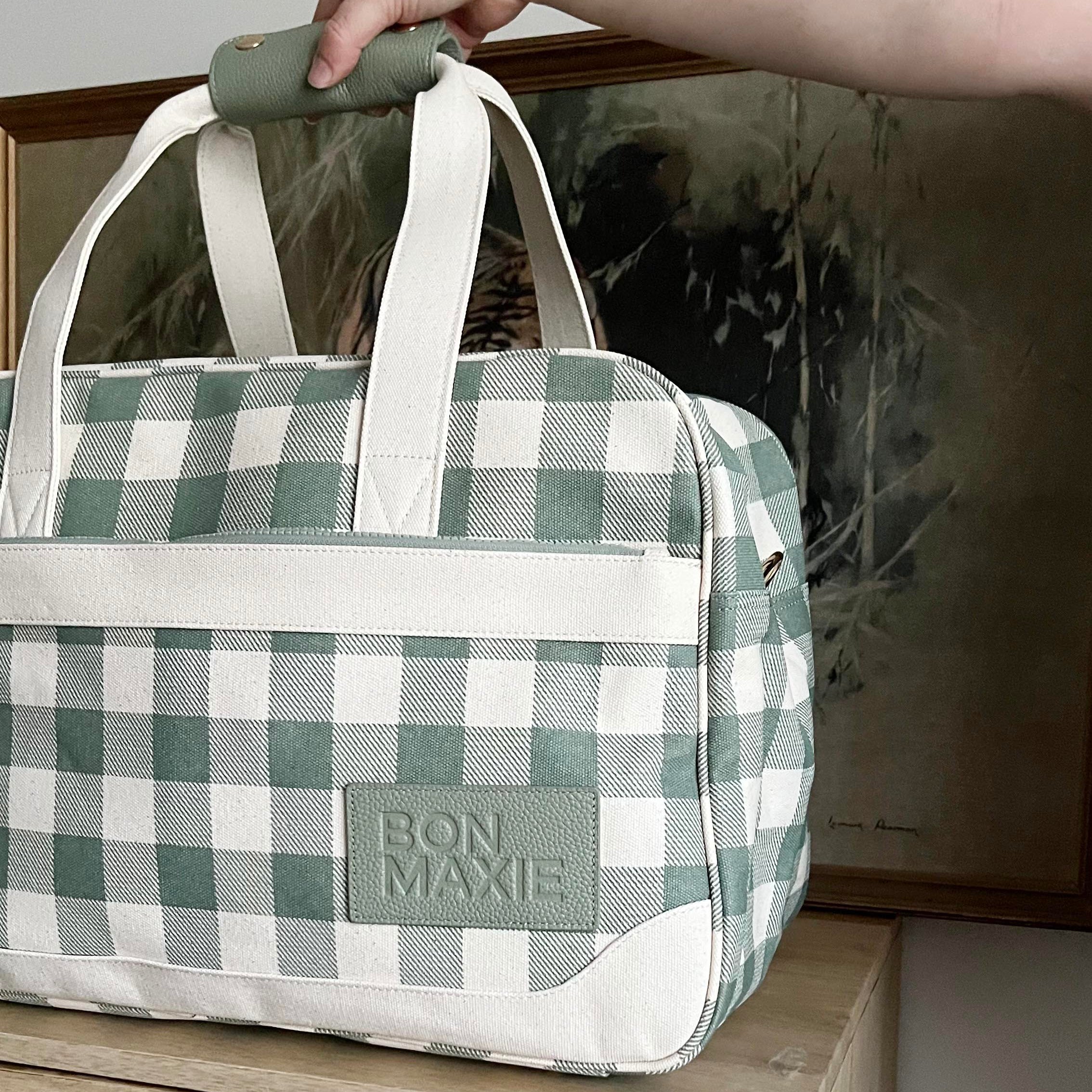 Bon Voyage Weekender Bag in signature coated canvas + leather -- Sage Gingham