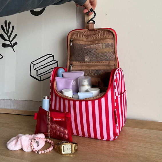 Hanging Toiletry Bag + Pouch Set with 15 pockets -- Pink/Red Stripe