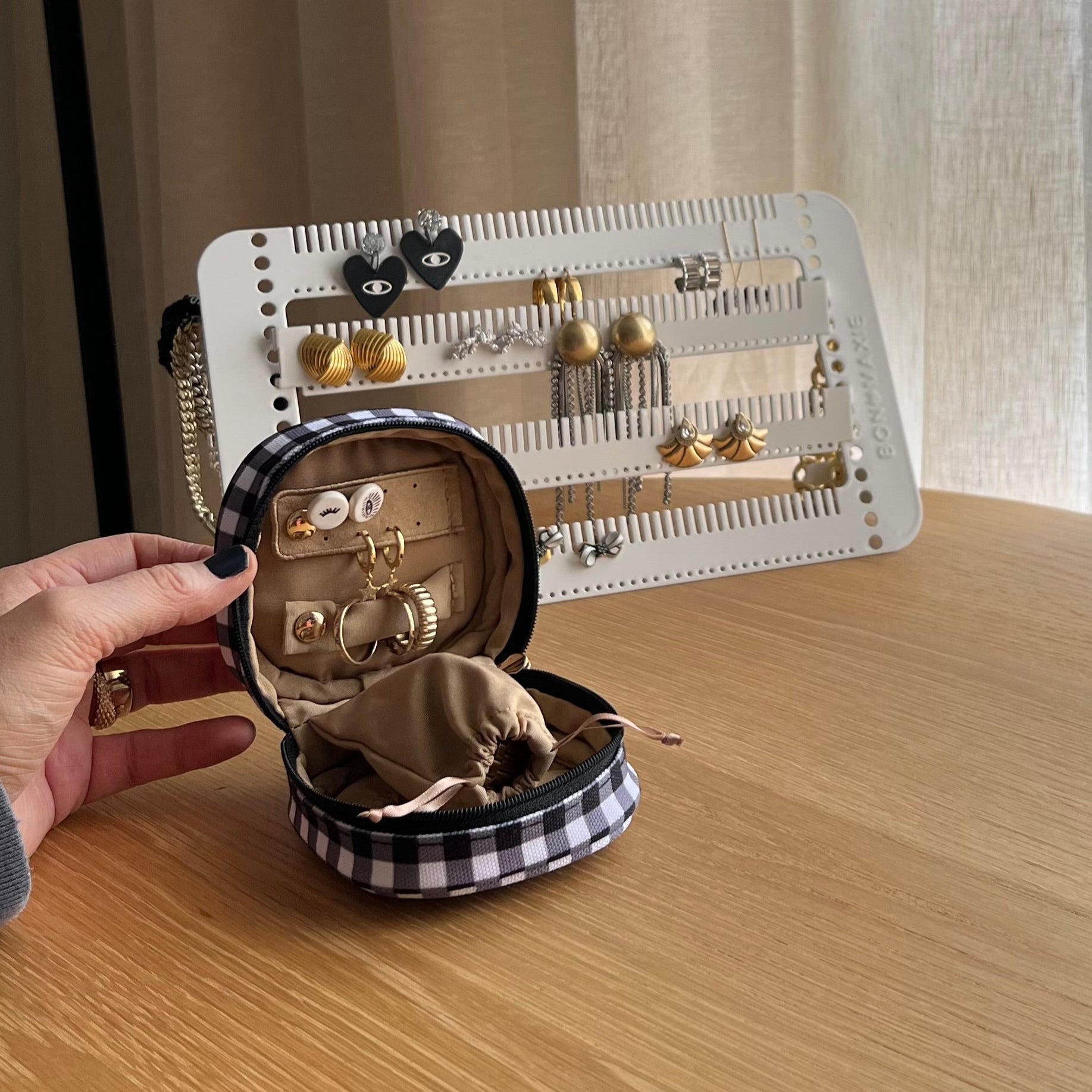 Travel Jewellery Case -- Black Gingham