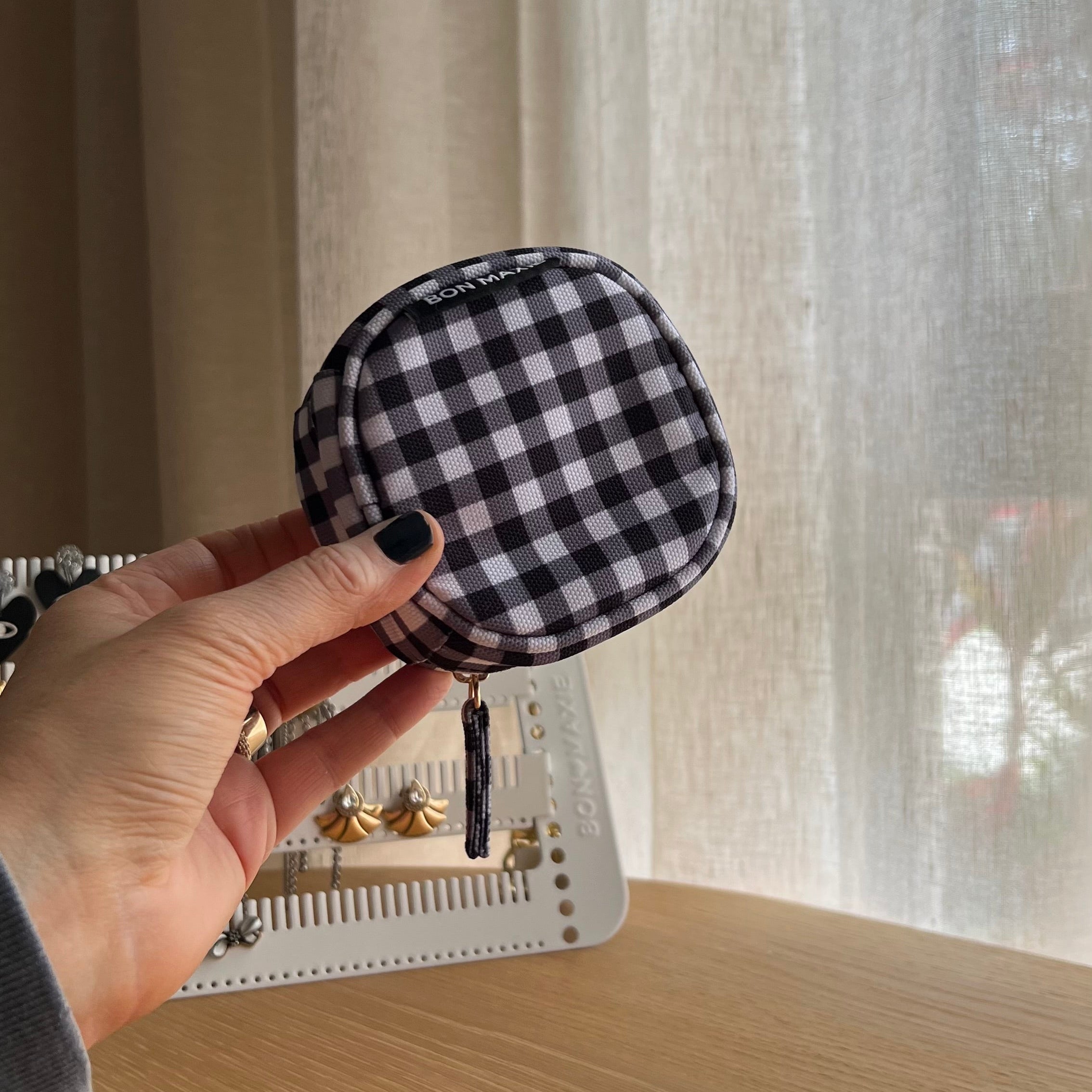 Travel Jewellery Case in water-resistant nylon -- Black Gingham