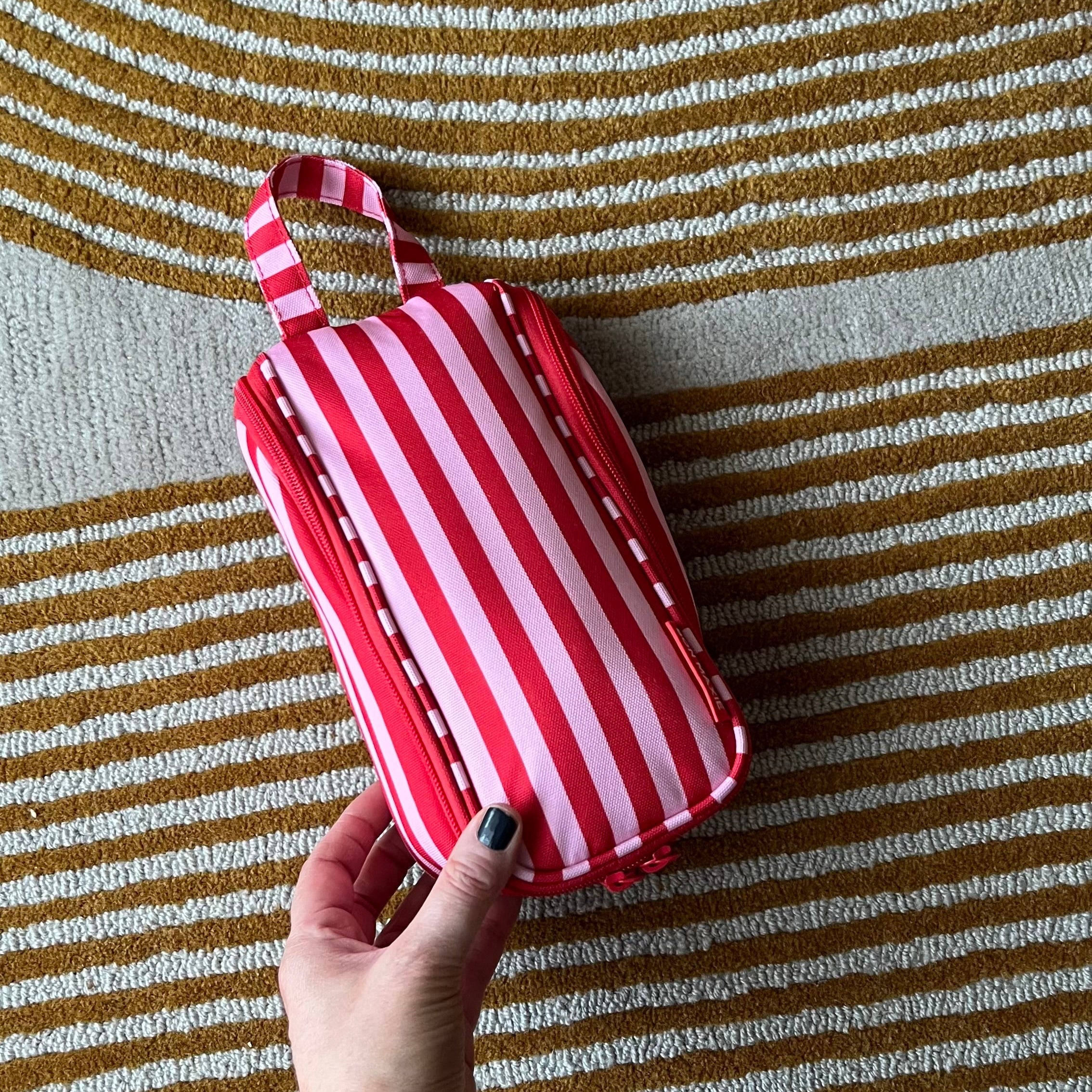 Slimline Washable Hanging Toiletry Bag -- Pink/Red Stripe
