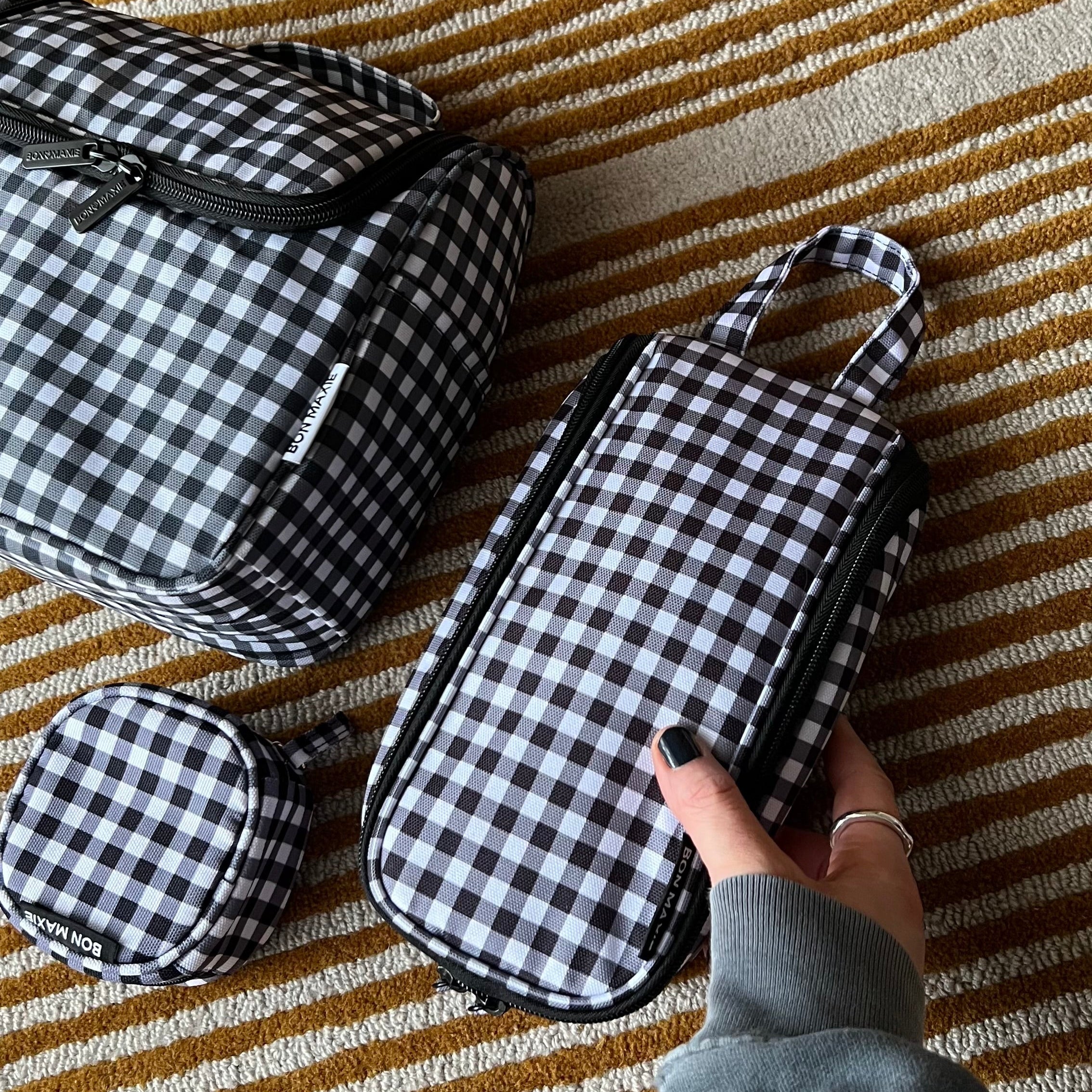 Slimline Washable Hanging Toiletry Bag -- Black Gingham