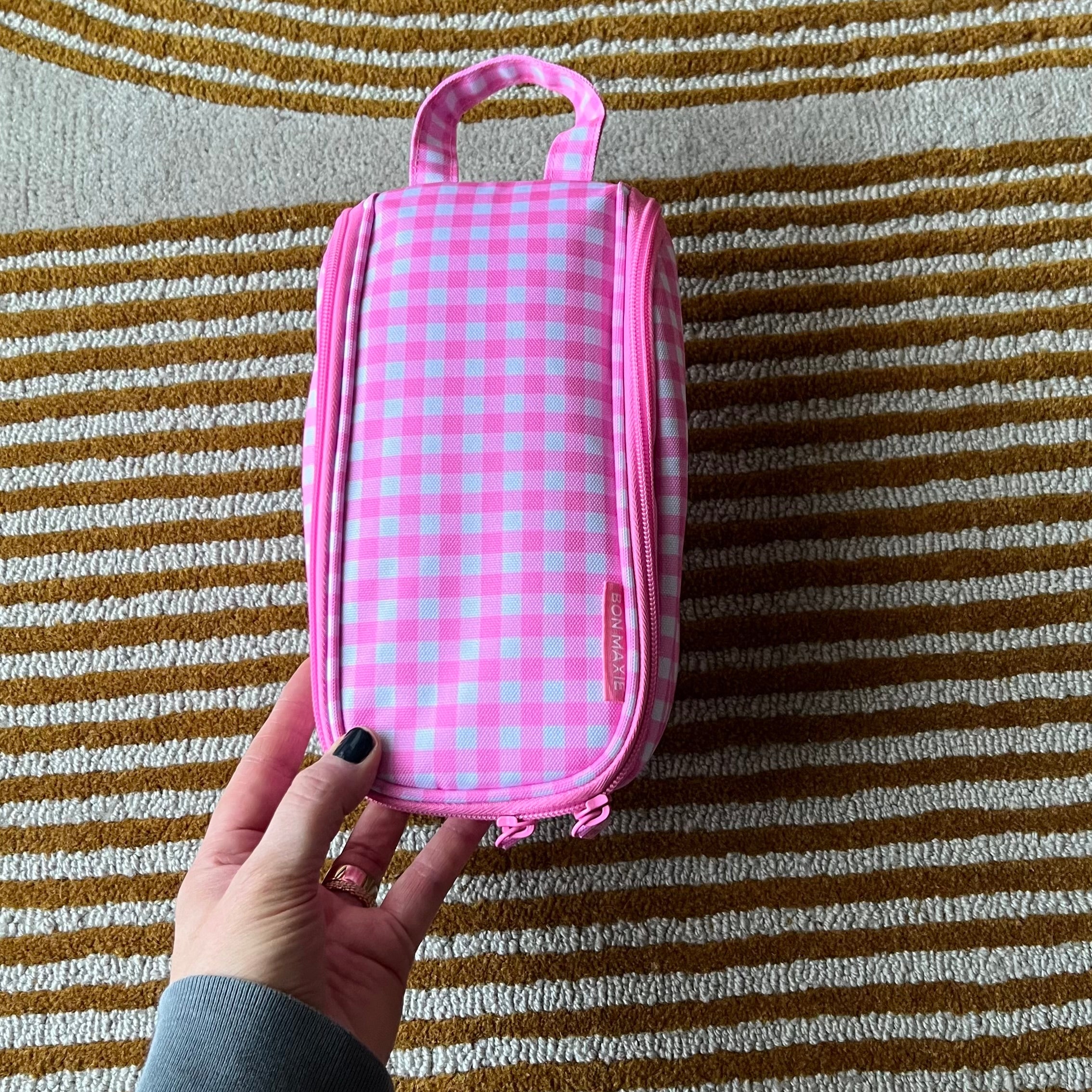 Slimline Washable Hanging Toiletry Bag -- Neon Pink Gingham