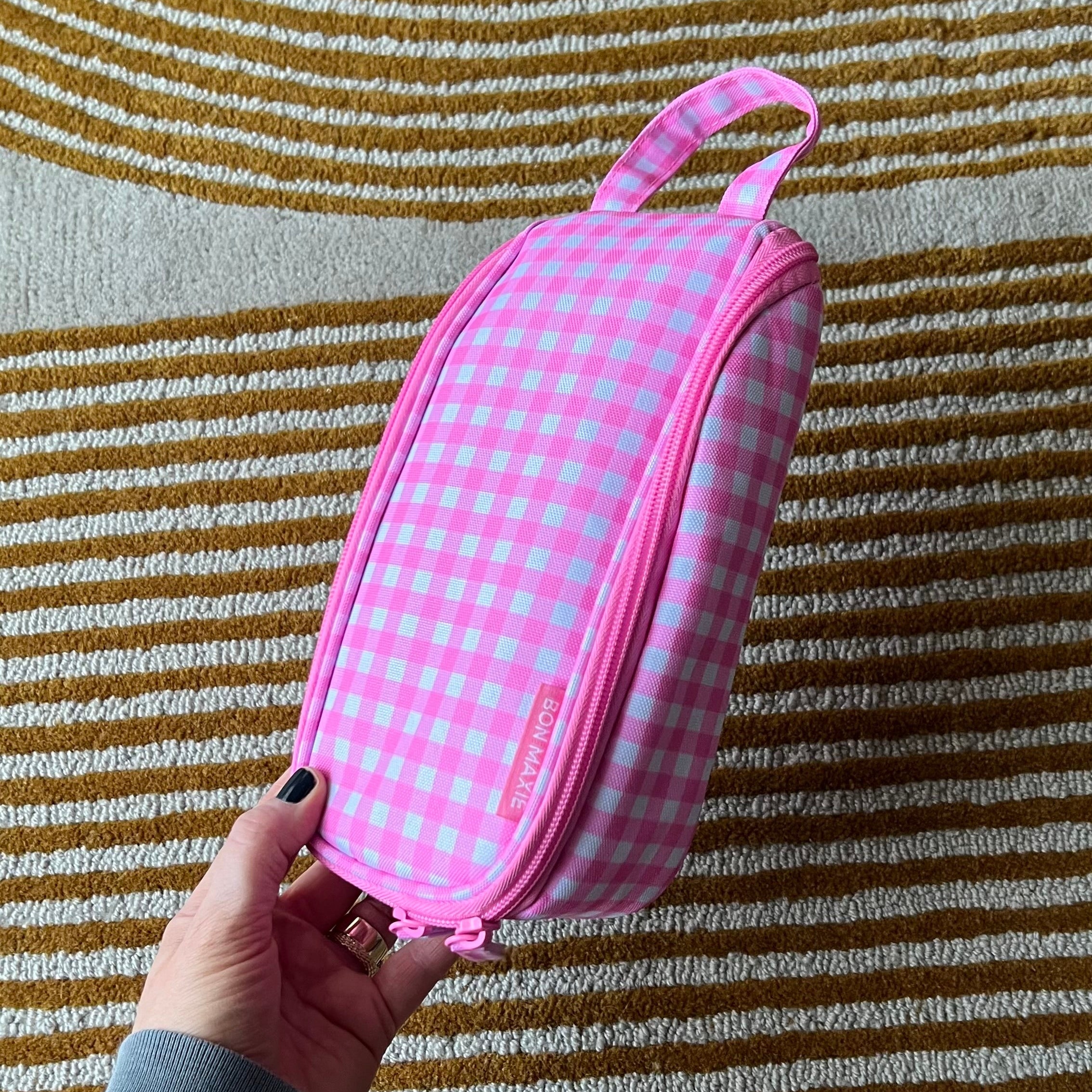 Slimline Washable Hanging Toiletry Bag -- Neon Pink Gingham
