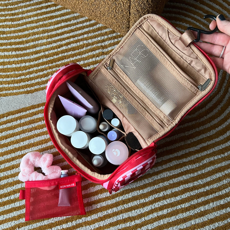 Hanging Toiletry Bag + Pouch Set with 15 pockets -- Pink/Red Stripe