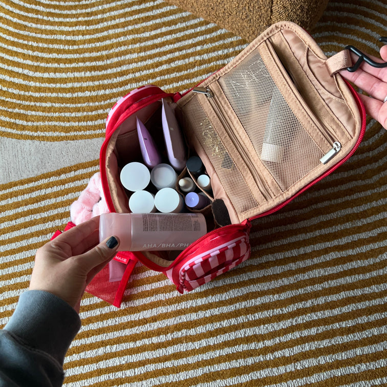 Hanging Toiletry Bag + Pouch Set with 15 pockets -- Pink/Red Stripe