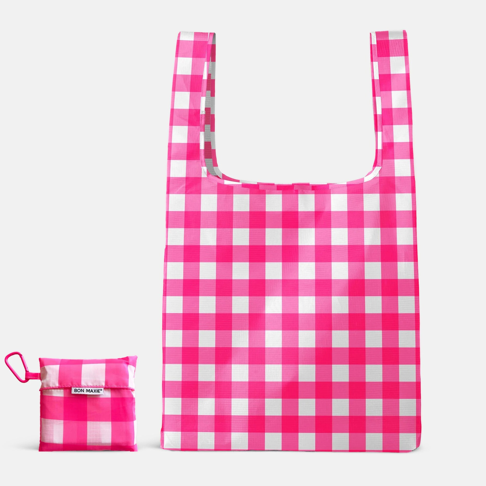 Reusable Shopping Bag with pouch in washable nylon - 2 Sizes -- Neon Pink Gingham
