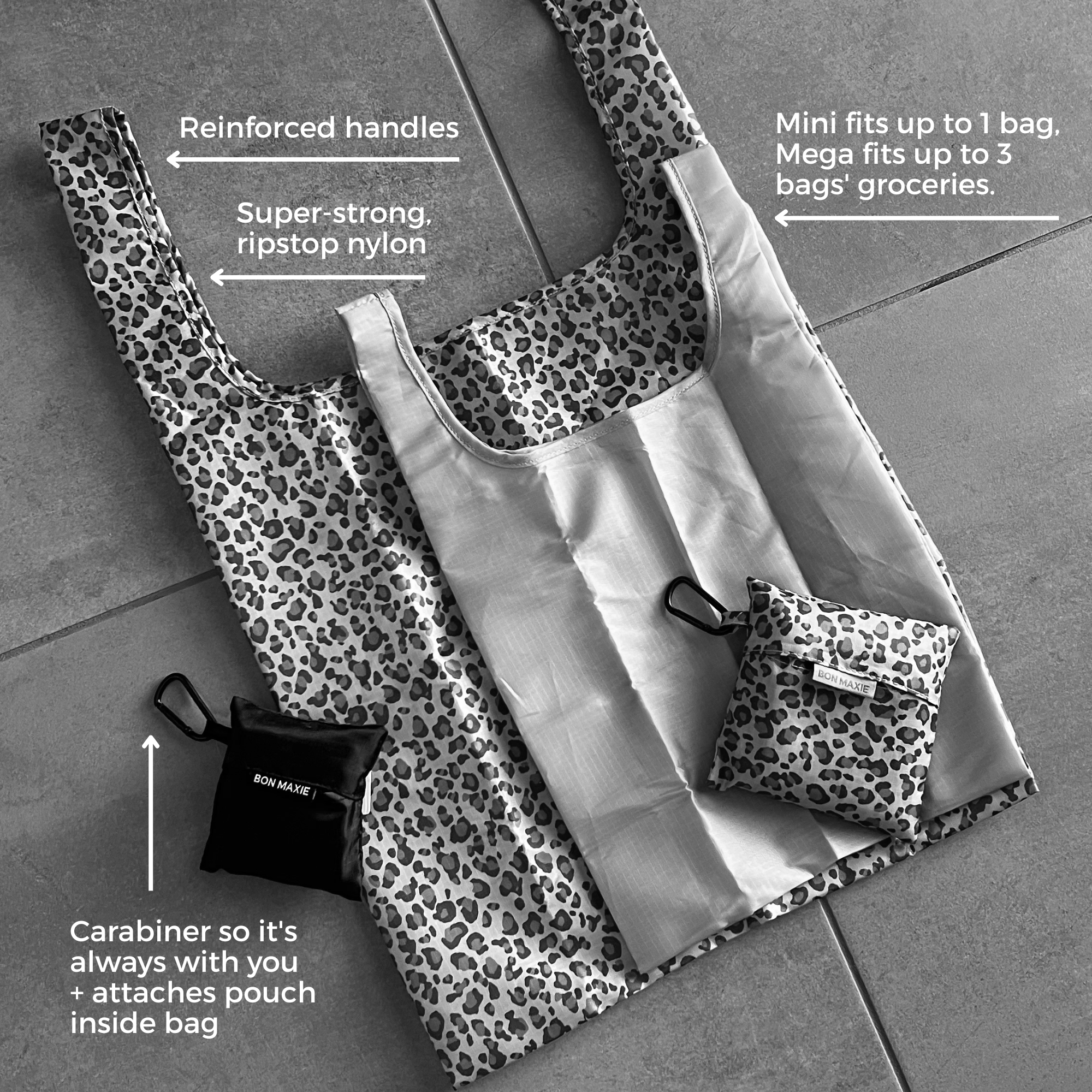 Reusable Shopping Bag with pouch in washable nylon - 2 Sizes -- Black