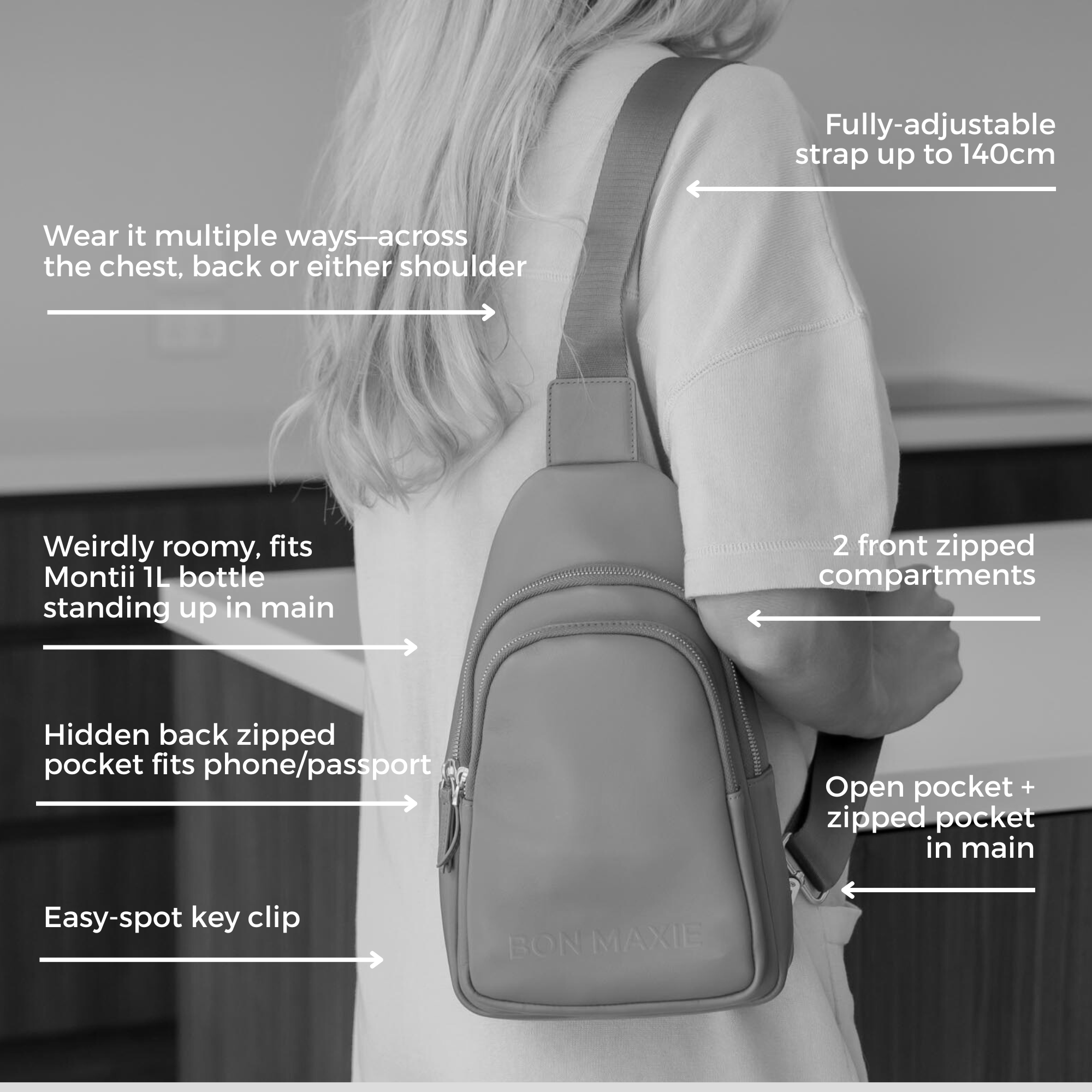 Multi-Wear Crossbody Sling Bag in full-grain pebbled leather -- Black