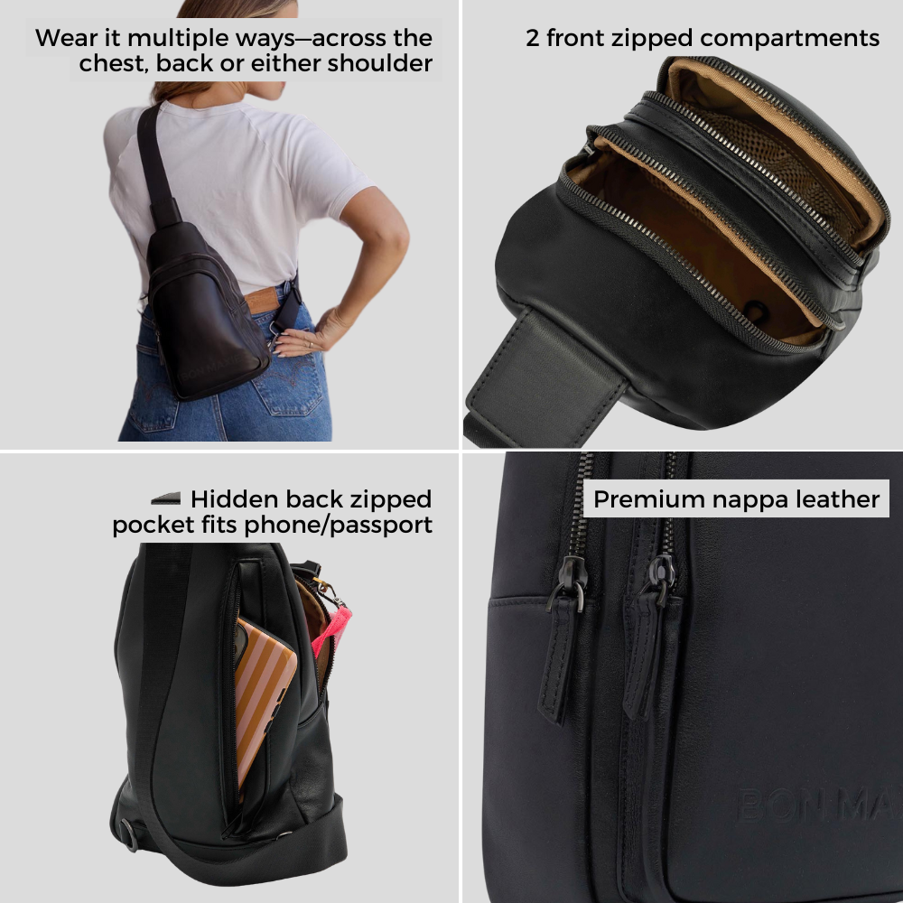 Multi-Wear Crossbody Sling Bag in full-grain pebbled leather -- Black