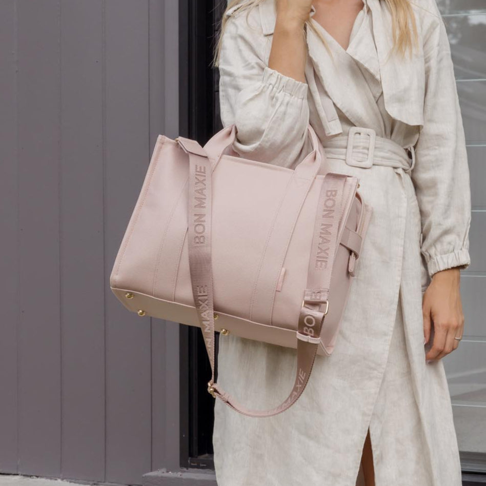 Small Structured Tote Bag in signature coated canvas -- Milk Tea