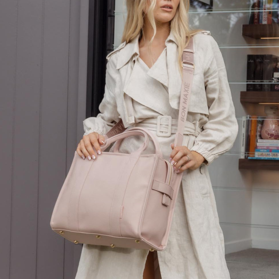 Small Structured Tote Bag in signature coated canvas -- Milk Tea